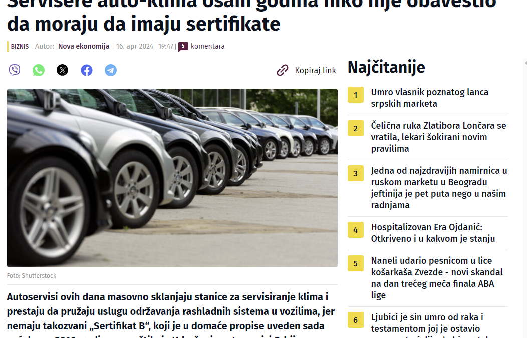 Nova.rs: Servisere auto-klima osam godina niko nije obavestio da moraju da imaju sertifikate